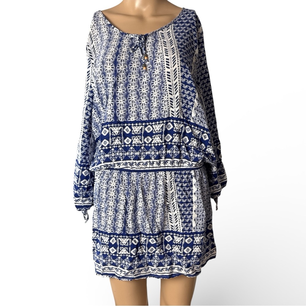 Green Dragon Womens Blue Shift Dress 3/4 Sleeve Geometric Rayon Size XL
